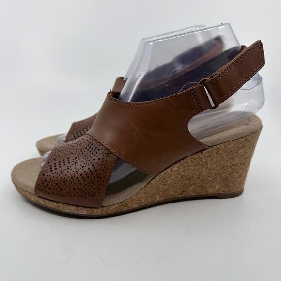 Clarks Lafley Joy Wedge Sandals Open Toe Leather Brown Womens Size US 7.5 EU 38 - Picture 5 of 8